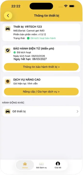 Màn hình thông tin thiết bị và bảo hành điện tử trong VRTECH Connect