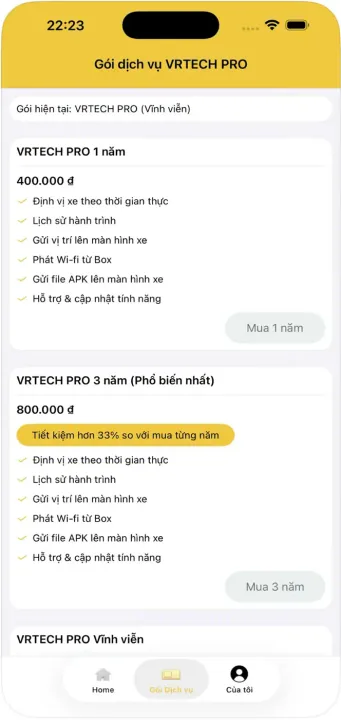 Màn hình gói dịch vụ VRTECH PRO trong VRTECH Connect