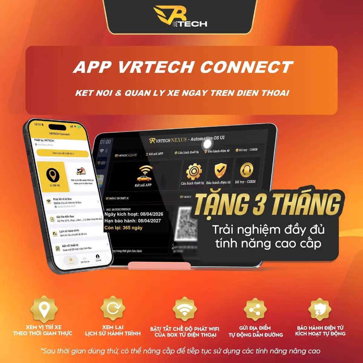 Giao diện ứng dụng VRTECH Connect trên điện thoại và màn hình xe